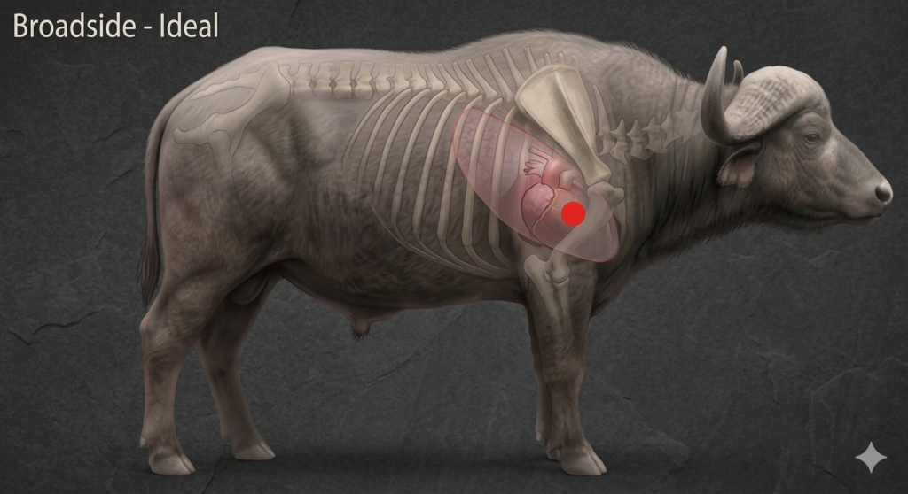 Broadside shot placement for a Cape Buffalo showing vital organ targets marked with a red dot.