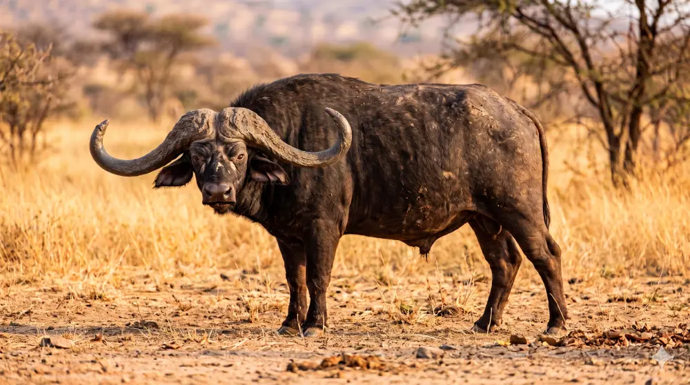 Mature Cape buffalo bull standing in dry savanna grass