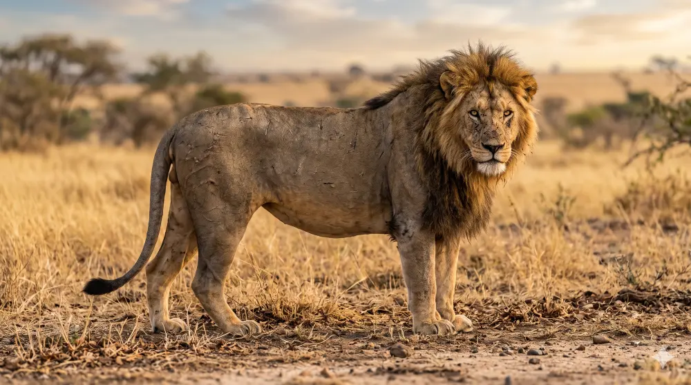 Mature male lion standing in the African Savanna